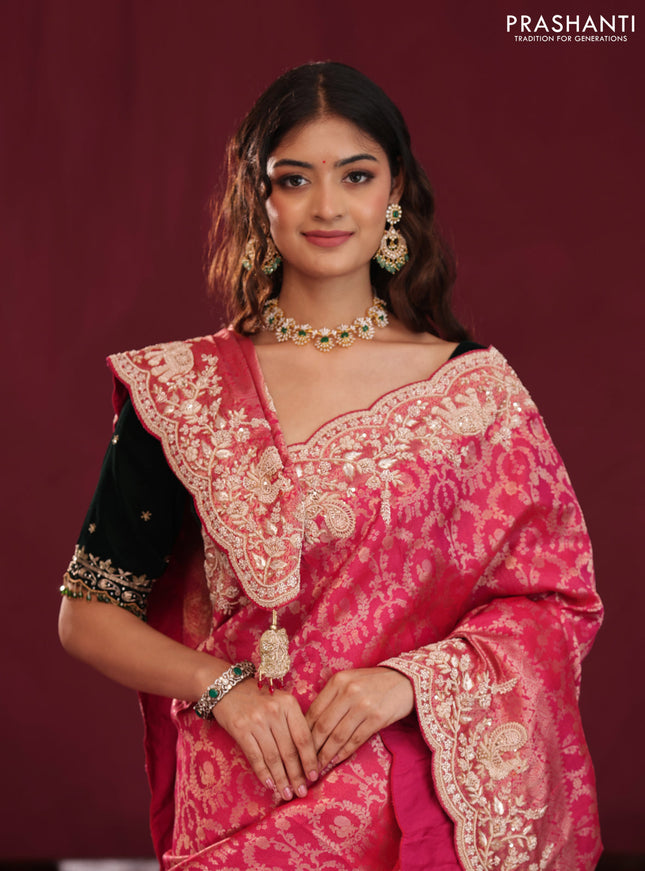 Pink Pure kanchipuram silk saree with allover brocade zari weaves & border embroidery