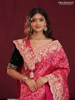 Pink Pure kanchipuram silk saree with allover brocade zari weaves & border embroidery