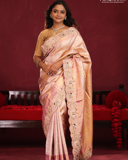 Pastel pink pure kanchipuram silk saree with brocade zari weaves & embroidery