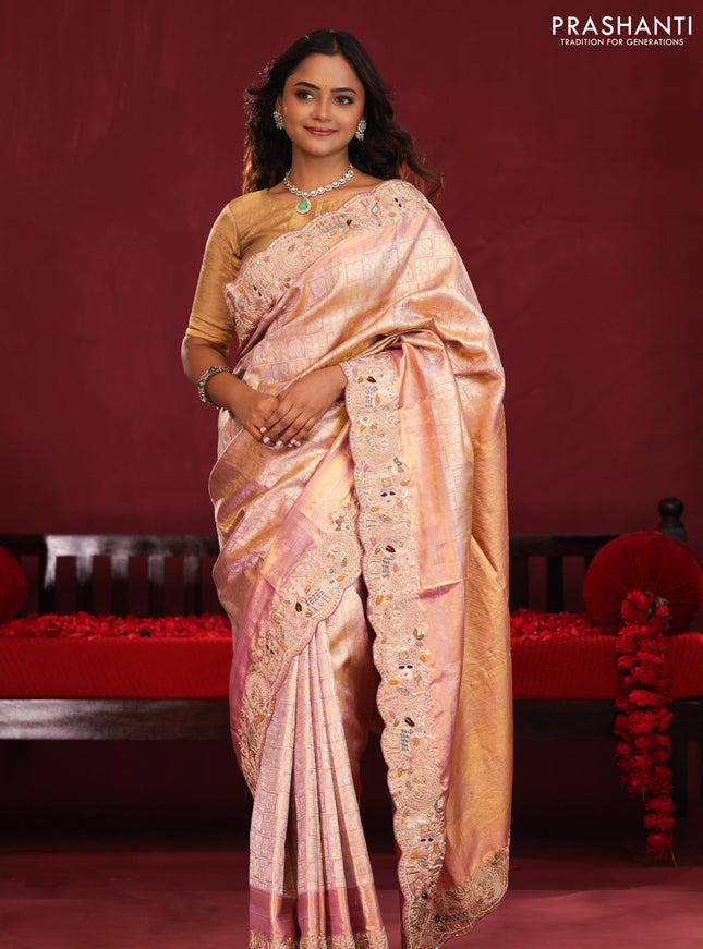 Pastel pink pure kanchipuram silk saree with brocade zari weaves & embroidery