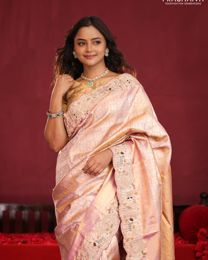 Pastel pink pure kanchipuram silk saree with brocade zari weaves & embroidery