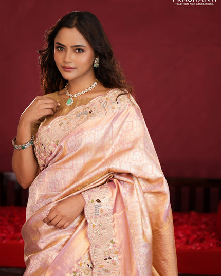 Pastel pink pure kanchipuram silk saree with brocade zari weaves & embroidery