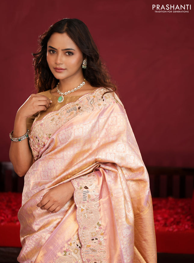 Pastel pink pure kanchipuram silk saree with brocade zari weaves & embroidery