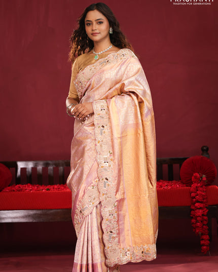 Pastel pink pure kanchipuram silk saree with brocade zari weaves & embroidery