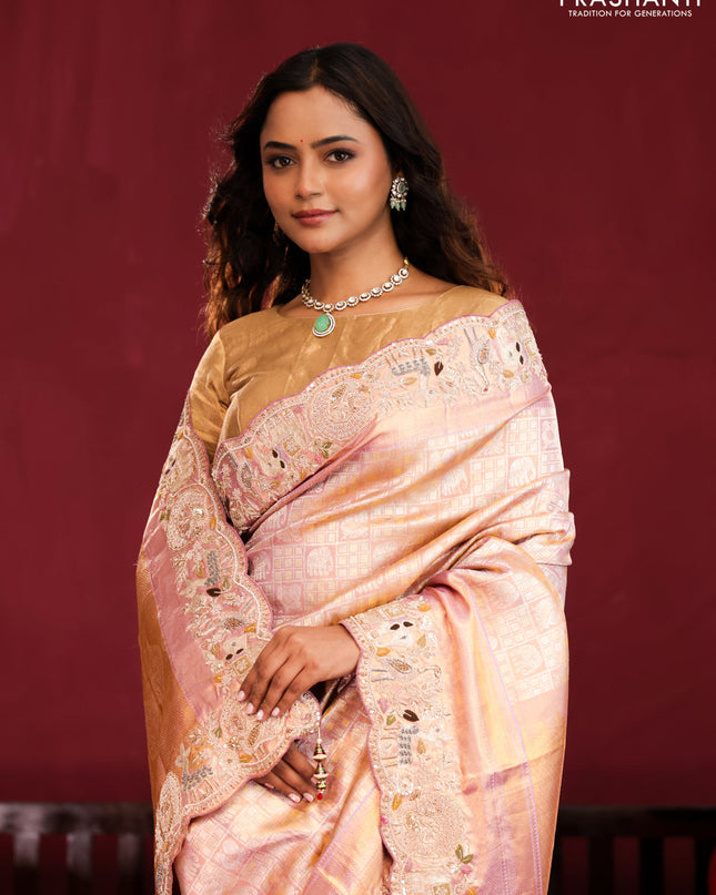 Pastel pink pure kanchipuram silk saree with brocade zari weaves & embroidery