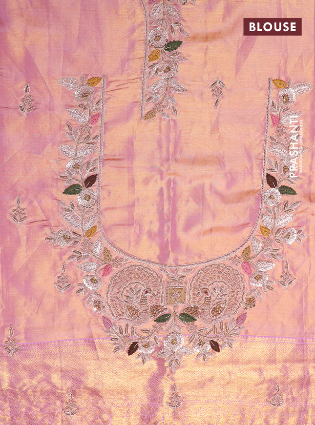 Pastel pink pure kanchipuram silk saree with brocade zari weaves & embroidery