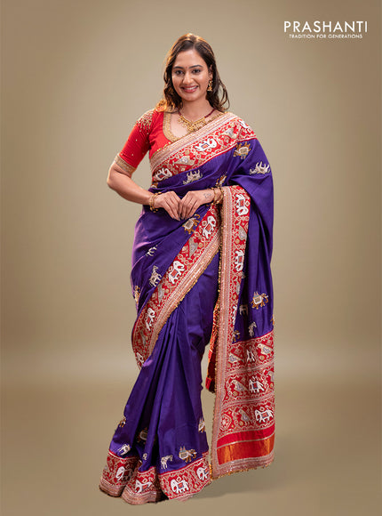 Violet-Red Pure Patan Patola Silk Saree With Horse & Elephant Motifs And Intricate Embroidery Border & Work Blouse