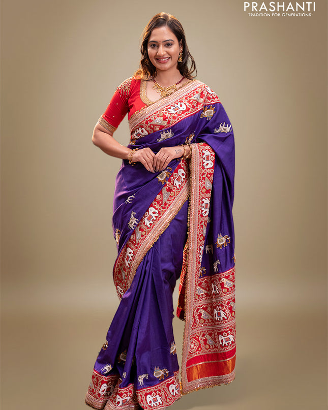 Violet-Red Pure Patan Patola Silk Saree With Horse & Elephant Motifs And Intricate Embroidery Border & Work Blouse