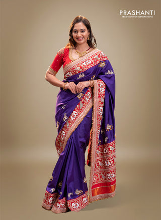 Violet-Red Pure Patan Patola Silk Saree With Horse & Elephant Motifs And Intricate Embroidery Border & Work Blouse