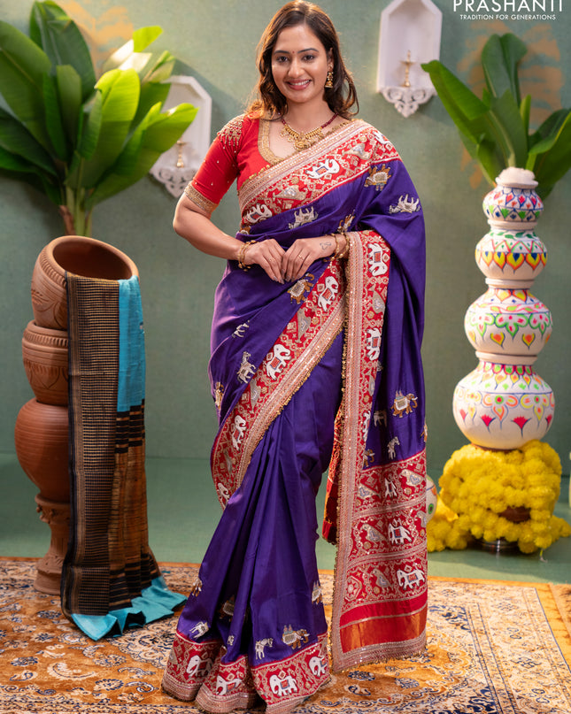 Violet-Red Pure Patan Patola Silk Saree With Horse & Elephant Motifs And Intricate Embroidery Border & Work Blouse