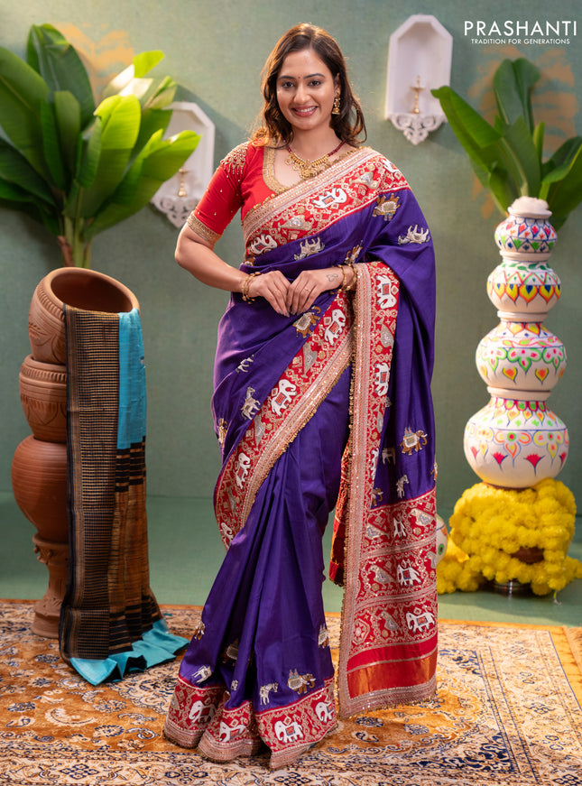 Violet-Red Pure Patan Patola Silk Saree With Horse & Elephant Motifs And Intricate Embroidery Border & Work Blouse