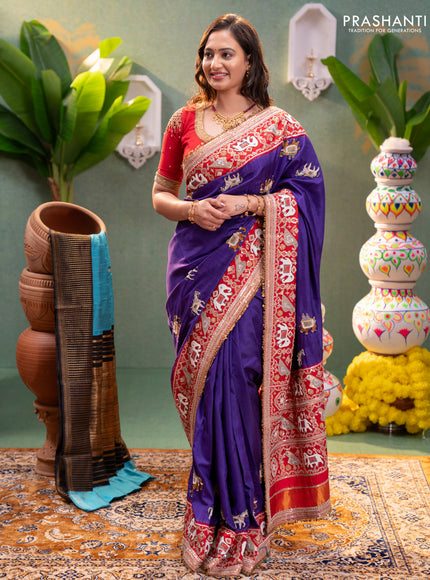 Violet-Red Pure Patan Patola Silk Saree With Horse & Elephant Motifs And Intricate Embroidery Border & Work Blouse