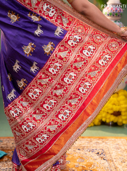 Violet-Red Pure Patan Patola Silk Saree With Horse & Elephant Motifs And Intricate Embroidery Border & Work Blouse