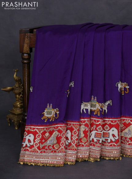 Violet-Red Pure Patan Patola Silk Saree With Horse & Elephant Motifs And Intricate Embroidery Border & Work Blouse