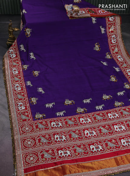Violet-Red Pure Patan Patola Silk Saree With Horse & Elephant Motifs And Intricate Embroidery Border & Work Blouse