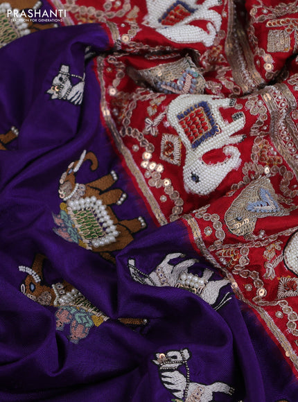 Violet-Red Pure Patan Patola Silk Saree With Horse & Elephant Motifs And Intricate Embroidery Border & Work Blouse
