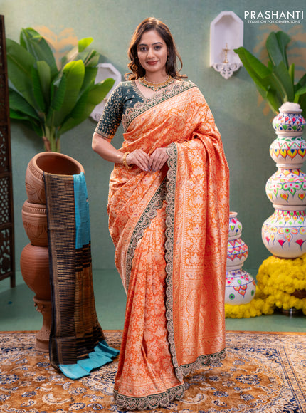Orange-Green Pure banarasi uppada silk saree With Allover Brocade weaves & Scallop Design embroidery Border & work blouse