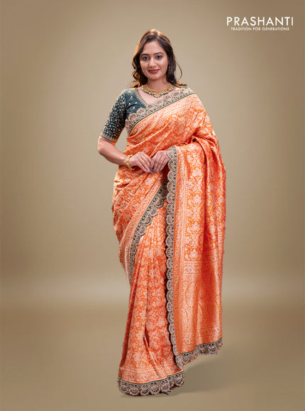 Orange-Green Pure banarasi uppada silk saree With Allover Brocade weaves & Scallop Design embroidery Border & work blouse
