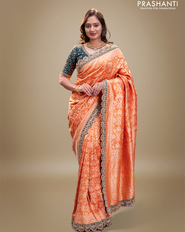 Orange-Green Pure banarasi uppada silk saree With Allover Brocade weaves & Scallop Design embroidery Border & work blouse