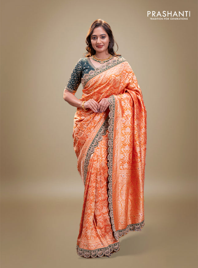 Orange-Green Pure banarasi uppada silk saree With Allover Brocade weaves & Scallop Design embroidery Border & work blouse