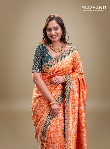 Orange-Green Pure banarasi uppada silk saree With Allover Brocade weaves & Scallop Design embroidery Border & work blouse