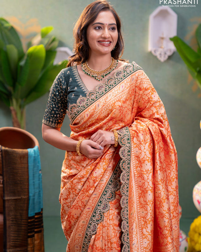 Orange-Green Pure banarasi uppada silk saree With Allover Brocade weaves & Scallop Design embroidery Border & work blouse