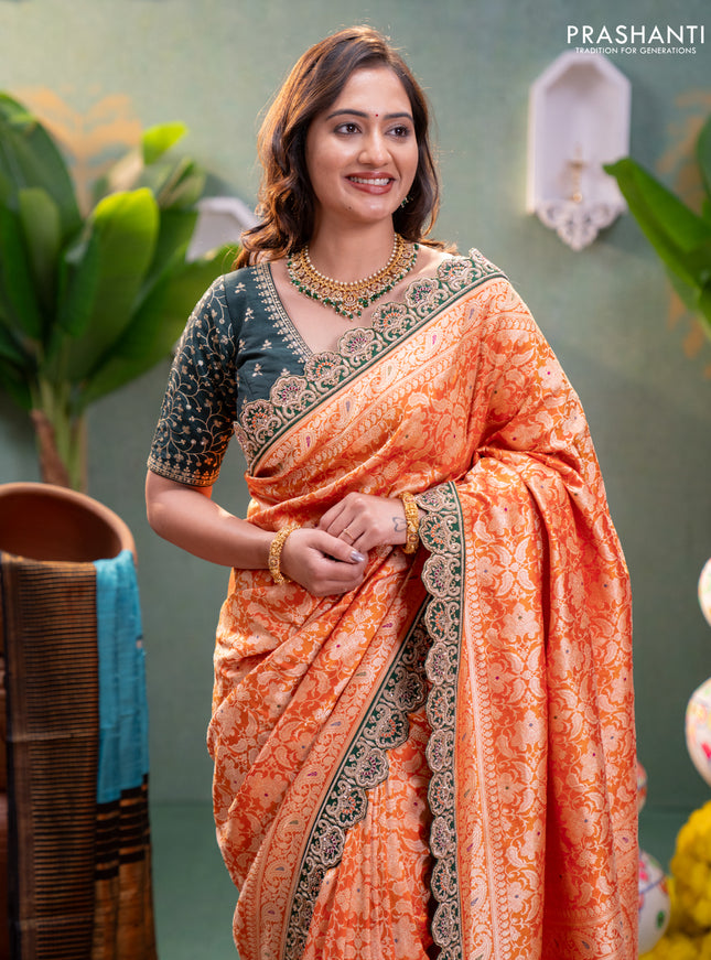 Orange-Green Pure banarasi uppada silk saree With Allover Brocade weaves & Scallop Design embroidery Border & work blouse