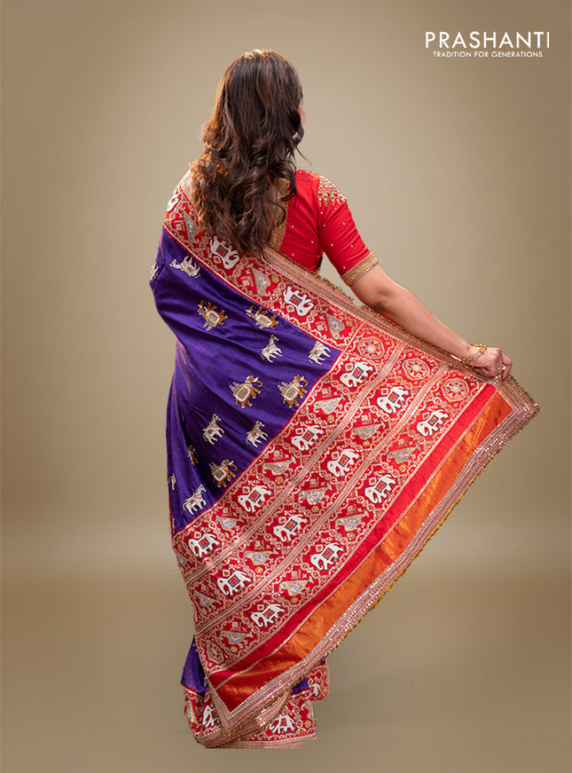 Violet-Red Pure Patan Patola Silk Saree With Horse & Elephant Motifs And Intricate Embroidery Border & Work Blouse