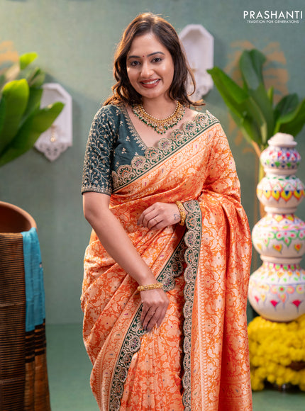 Orange-Green Pure banarasi uppada silk saree With Allover Brocade weaves & Scallop Design embroidery Border & work blouse