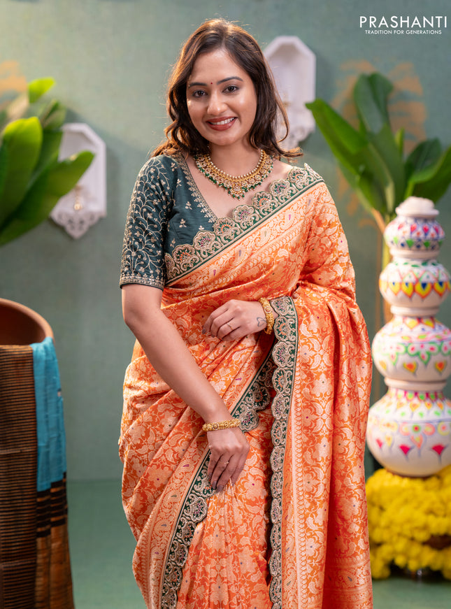 Orange-Green Pure banarasi uppada silk saree With Allover Brocade weaves & Scallop Design embroidery Border & work blouse