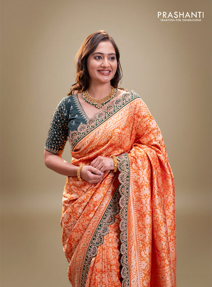 Orange-Green Pure banarasi uppada silk saree With Allover Brocade weaves & Scallop Design embroidery Border & work blouse