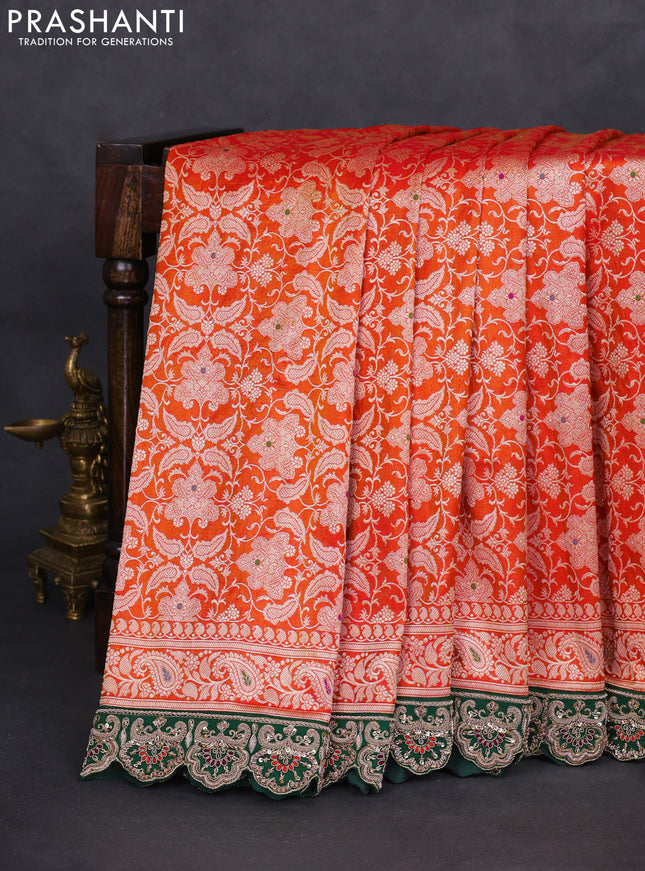 Orange-Green Pure banarasi uppada silk saree With Allover Brocade weaves & Scallop Design embroidery Border & work blouse