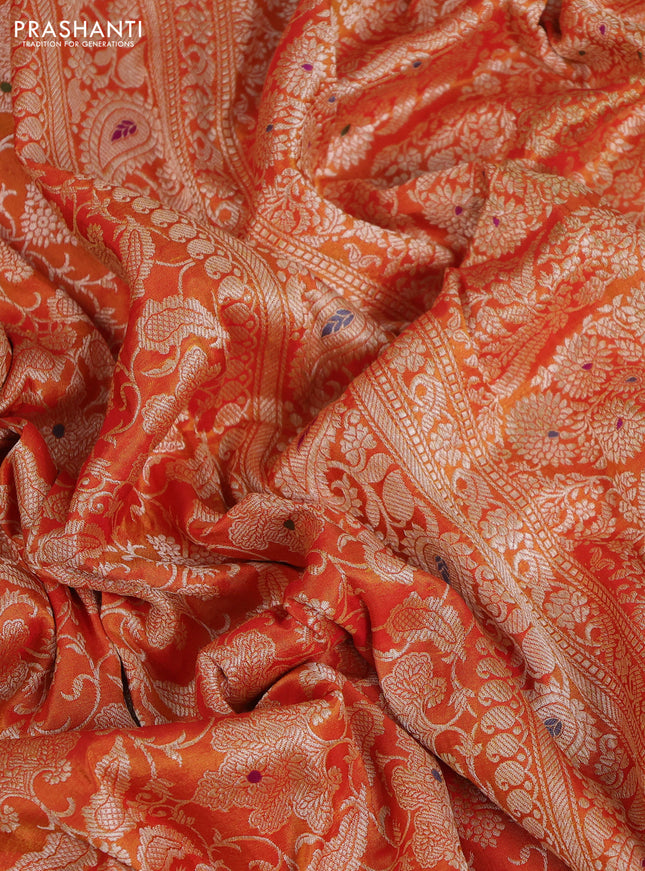 Orange-Green Pure banarasi uppada silk saree With Allover Brocade weaves & Scallop Design embroidery Border & work blouse