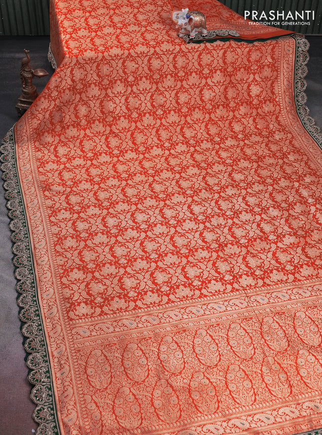 Orange-Green Pure banarasi uppada silk saree With Allover Brocade weaves & Scallop Design embroidery Border & work blouse
