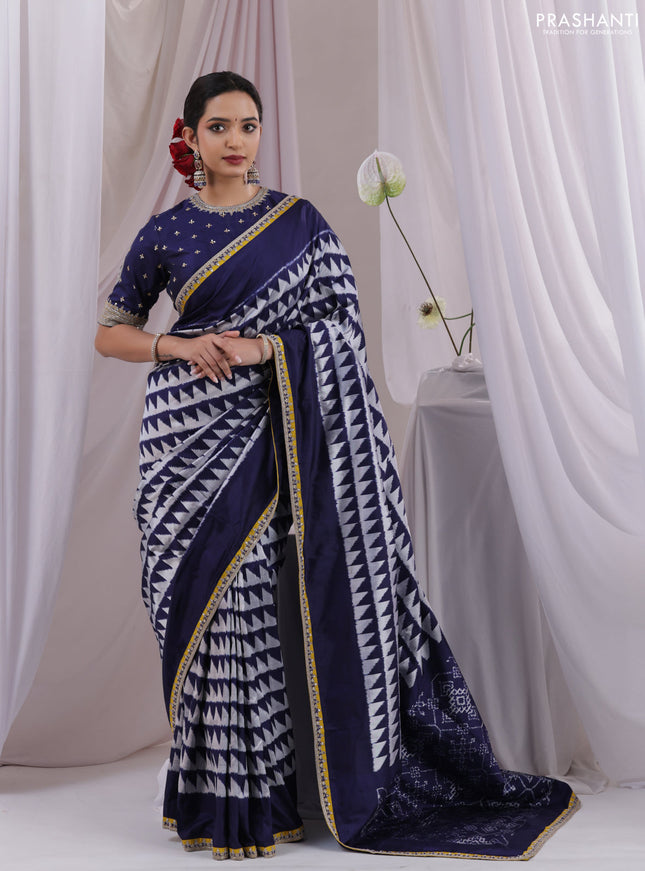 Navy Blue-Mustard Yellow Pochampally Silk saree With Border Embroidery-Readymade blouse
