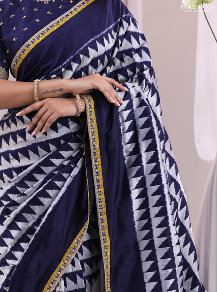 Navy Blue-Mustard Yellow Pochampally Silk saree With Border Embroidery-Readymade blouse