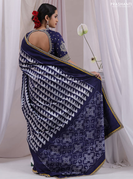 Navy Blue-Mustard Yellow Pochampally Silk saree With Border Embroidery-Readymade blouse