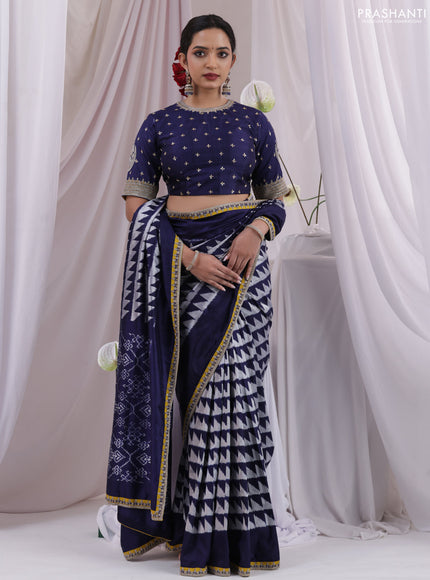 Navy Blue-Mustard Yellow Pochampally Silk saree With Border Embroidery-Readymade blouse