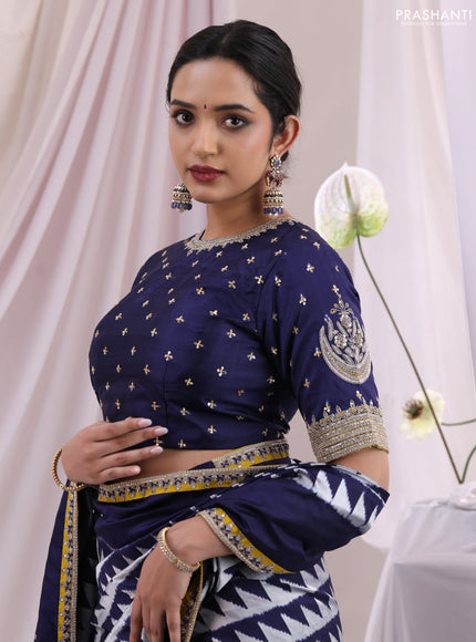 Navy Blue-Mustard Yellow Pochampally Silk saree With Border Embroidery-Readymade blouse