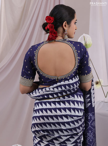 Navy Blue-Mustard Yellow Pochampally Silk saree With Border Embroidery-Readymade blouse