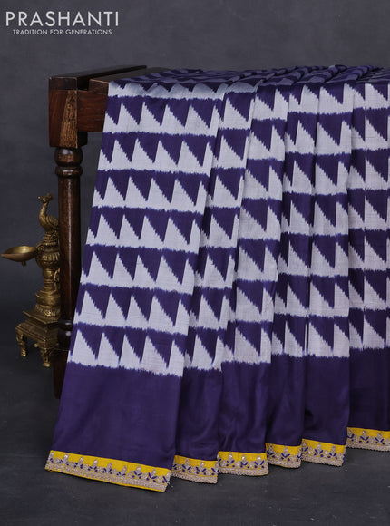 Navy Blue-Mustard Yellow Pochampally Silk saree With Border Embroidery-Readymade blouse