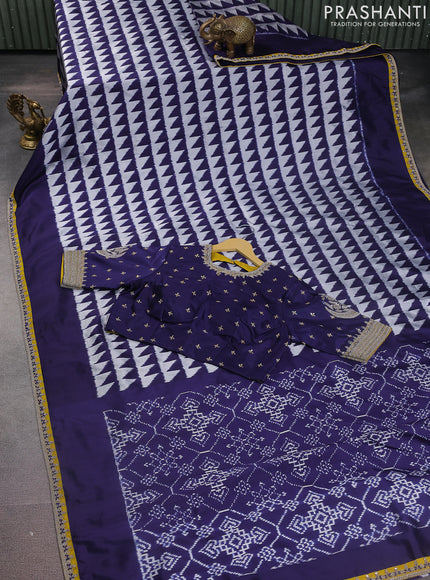 Navy Blue-Mustard Yellow Pochampally Silk saree With Border Embroidery-Readymade blouse