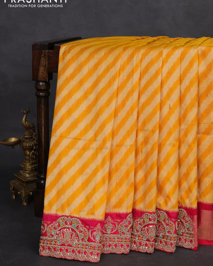 Yellow & Pink Pochampally Silk saree with Border Embroidery & Readymade Blouse