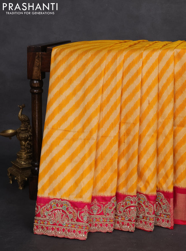 Yellow & Pink Pochampally Silk saree with Border Embroidery & Readymade Blouse
