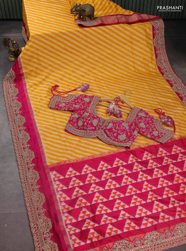 Yellow & Pink Pochampally Silk saree with Border Embroidery & Readymade Blouse