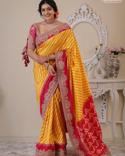 Yellow & Pink Pochampally Silk saree with Border Embroidery & Readymade Blouse