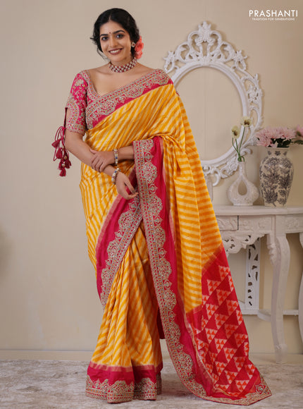 Yellow & Pink Pochampally Silk saree with Border Embroidery & Readymade Blouse