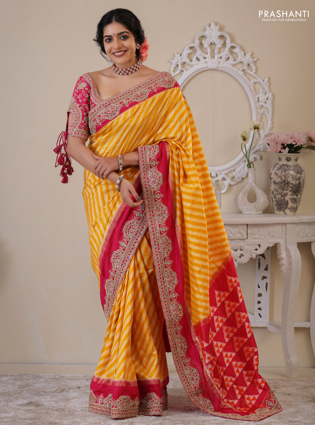 Yellow & Pink Pochampally Silk saree with Border Embroidery & Readymade Blouse