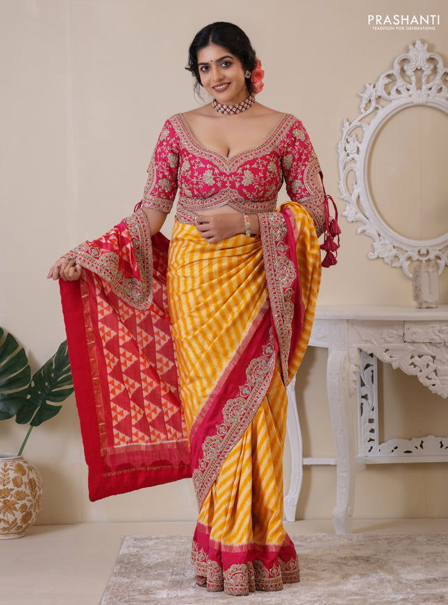 Yellow & Pink Pochampally Silk saree with Border Embroidery & Readymade Blouse