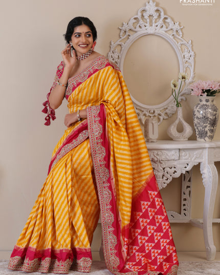 Yellow & Pink Pochampally Silk saree with Border Embroidery & Readymade Blouse